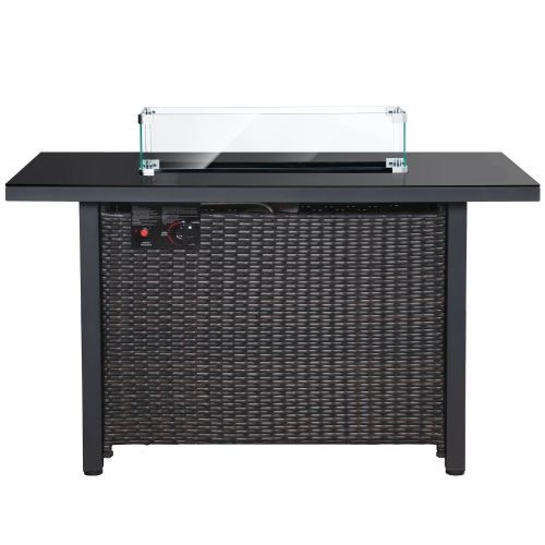 Rattan propane outdoor fire pit table by PrimeCanada.Store, dark brown wicker with black top and glass wind guard.