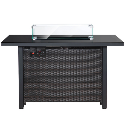 Rattan propane outdoor fire pit table by PrimeCanada.Store, dark brown wicker with black top and glass wind guard.