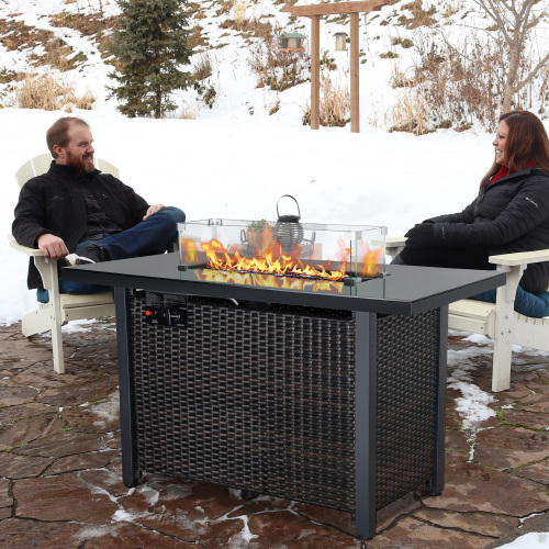 Rattan propane outdoor fire pit table in black by PrimeCanada.Store with glass wind guard