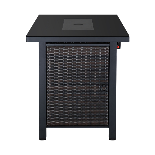 Rattan propane outdoor fire pit table with lid by PrimeCanada.Store; dark brown wicker with black frame.