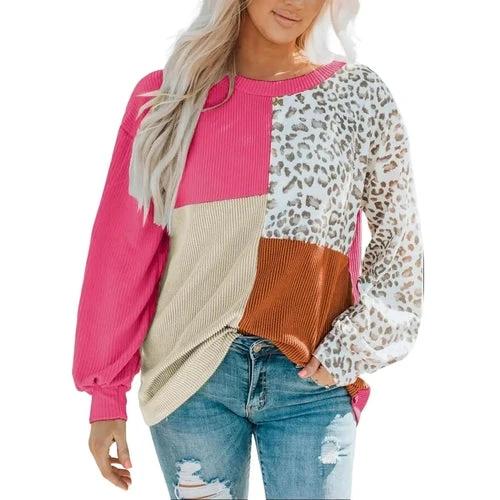 Leopard Patchwork Color Block Ribbed Long Sleeve Top by JeansDenim.Store