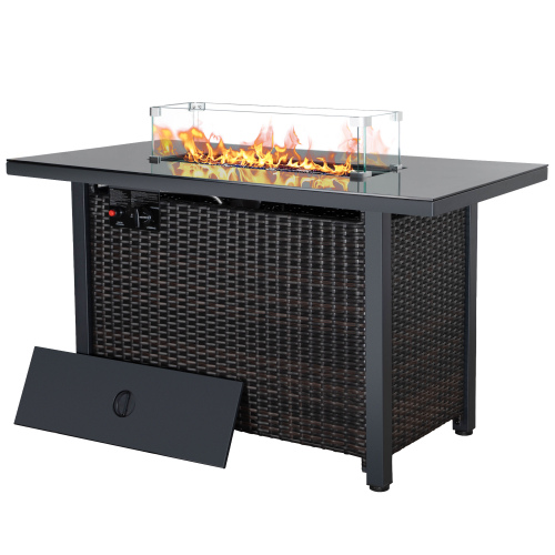 Rattan propane outdoor fire pit table with glass wind guard and lid, dark-woven wicker