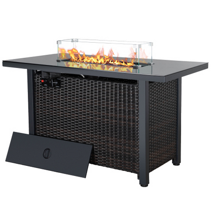 Rattan propane outdoor fire pit table with glass wind guard and lid, dark-woven wicker