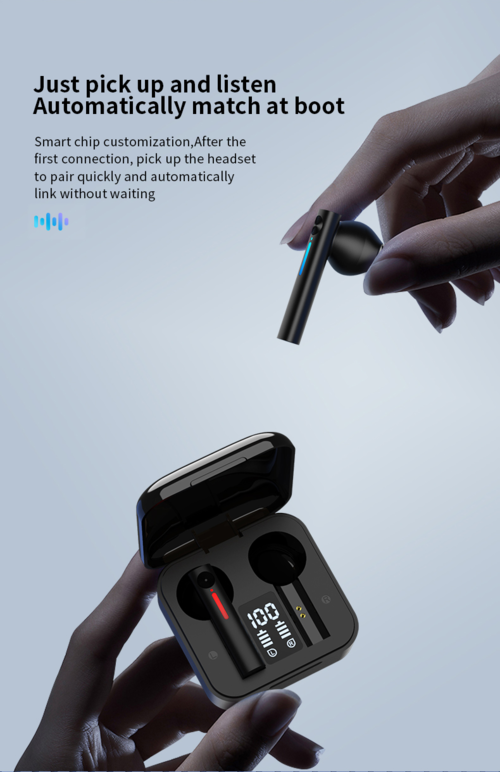 Bluetooth Earphones LED Wireless TWS with Microphone in black, three earbuds shown with LED display charging case