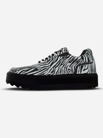 BYMANYC Harlem Glory ethical sneakers, zebra-print upper with black platform sole, unisex