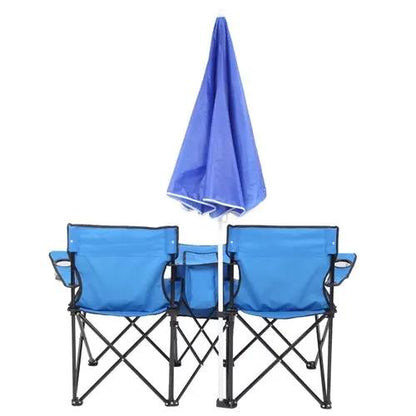 Portable outdoor 2-seat folding chair set with removable blue sun umbrella