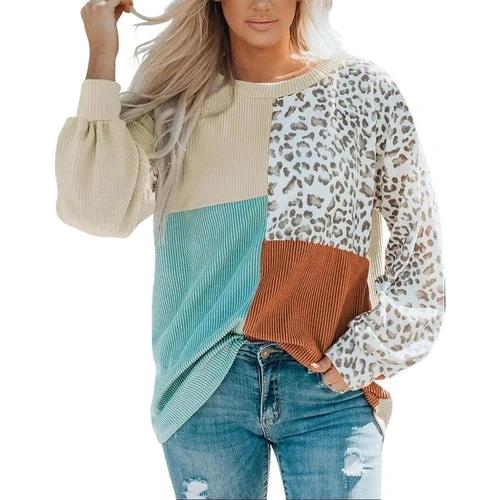 Leopard Patchwork Color Block Ribbed Long Sleeve Top by JeansDenim.Store