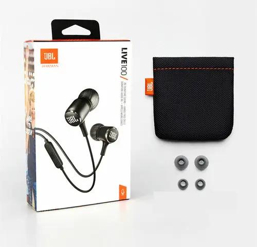 JBL LIVE100 3.5mm wired earphones with inline control, black; includes extra silicone tips and pouch.