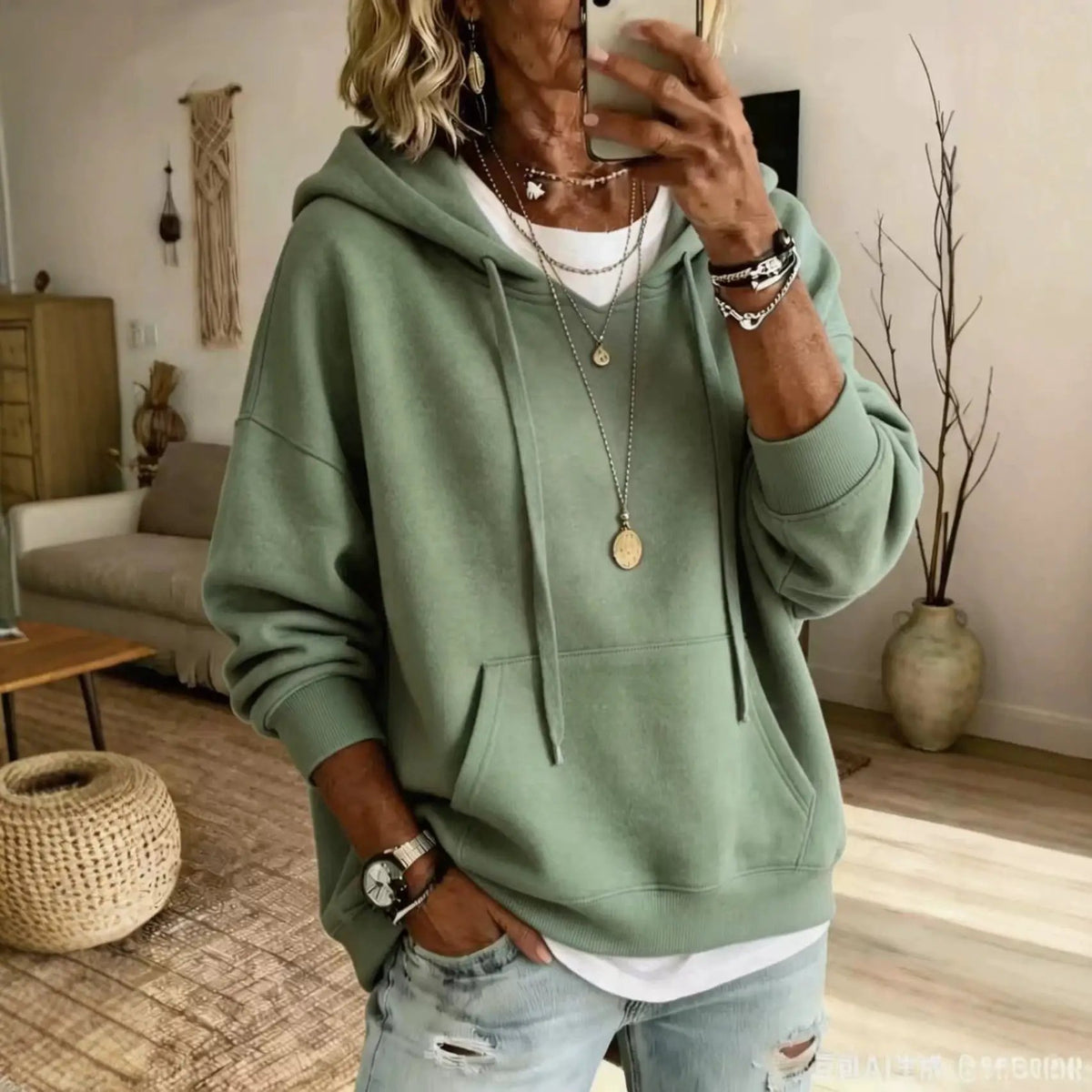 Women's loose-fitting green hoodie with front pockets and long sleeves