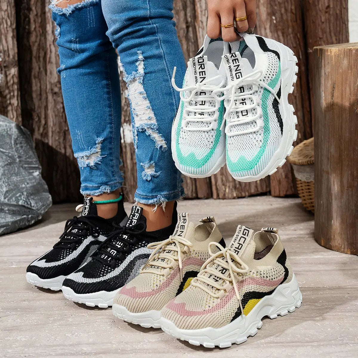Stylish AdTec women's lightweight soft-bottom sports shoes; three pairs visible in black/white and beige-pink.