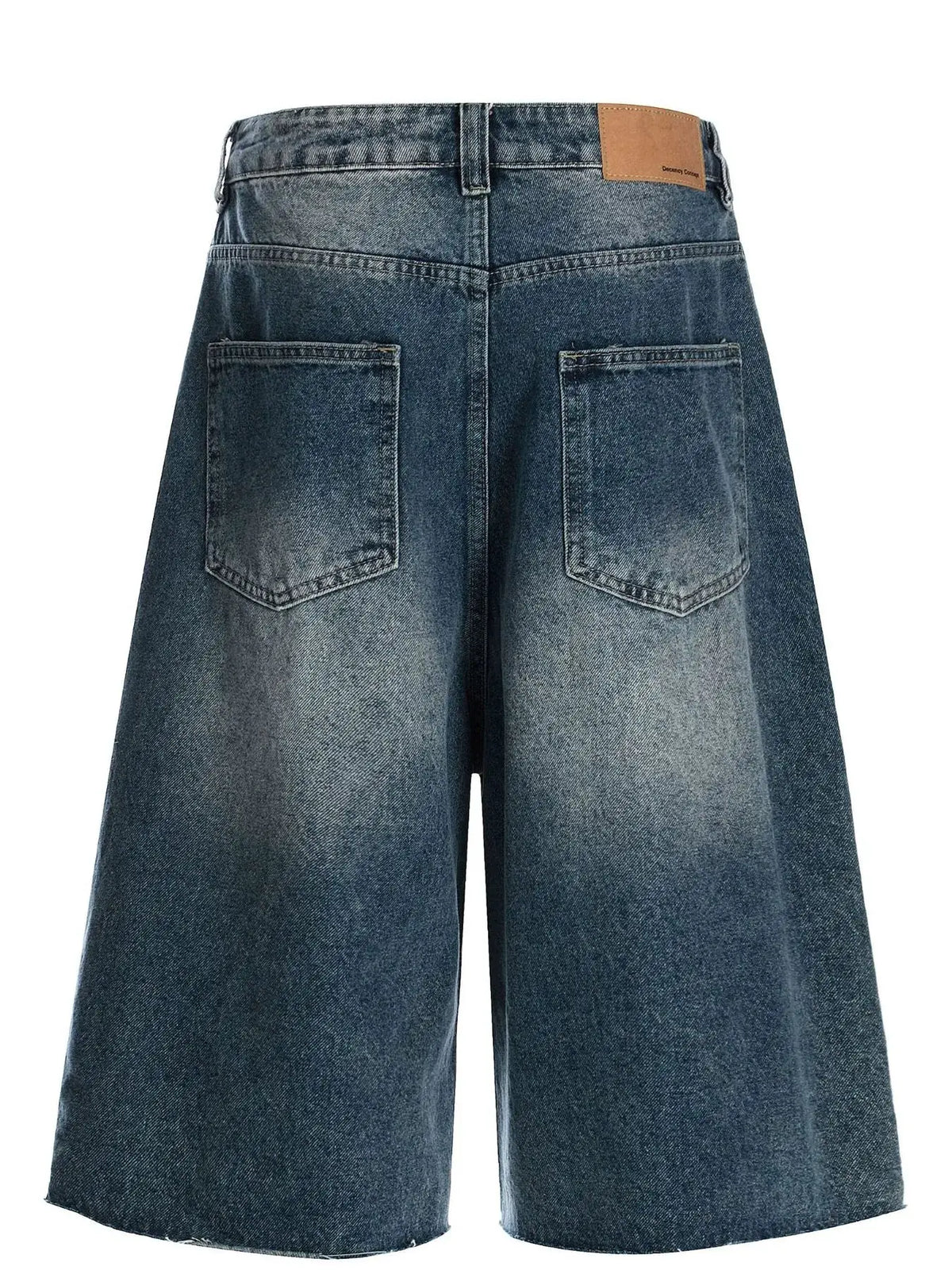 Men's relaxed wide-leg denim shorts in blue washed cotton, back view with large pockets and leather label by Trendsi