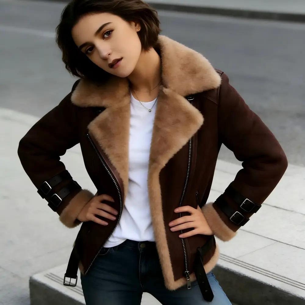 Suede leather jacket with lamb wool lining; brown biker coat with beige shearling collar and cuffs