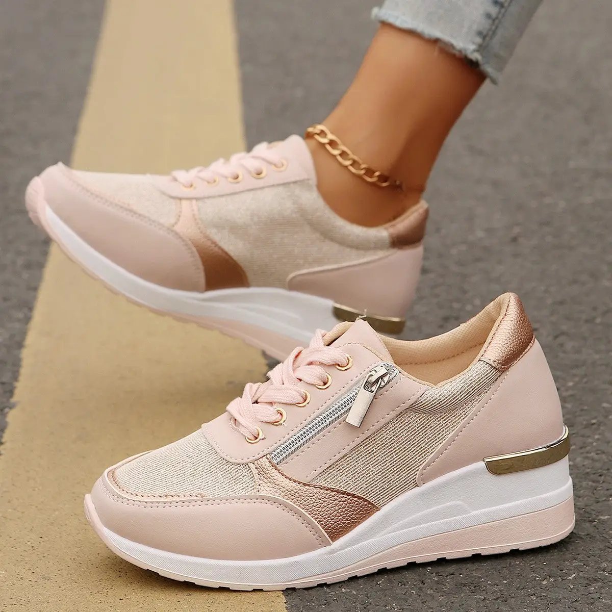 AdTec women's lace-up casual sneakers with side zipper and thick sole in pink beige