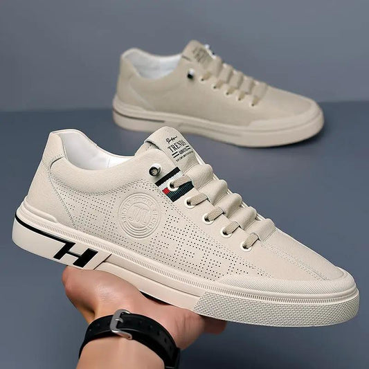 Breathable Mesh Sports Shoes for Teens by AdTec, beige pair with embossed PU upper