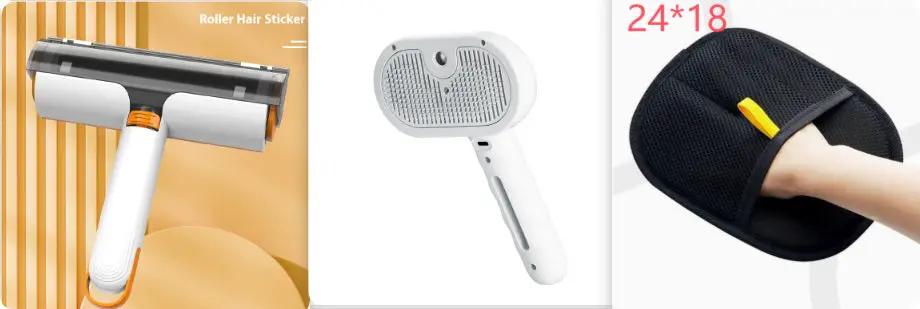 Pet grooming tools set: three-item white handheld lint remover, orange-accented roller brush, black mesh cleaning glove.