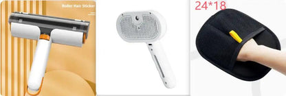 Pet grooming tools set: three-item white handheld lint remover, orange-accented roller brush, black mesh cleaning glove.