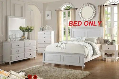 White queen-size bed with high panel headboard by PrimeCanada.Store in a bright bedroom