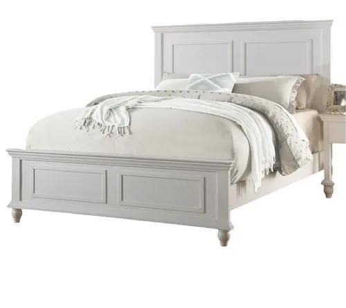 Queen size white bed with high panel headboard and paneled footboard