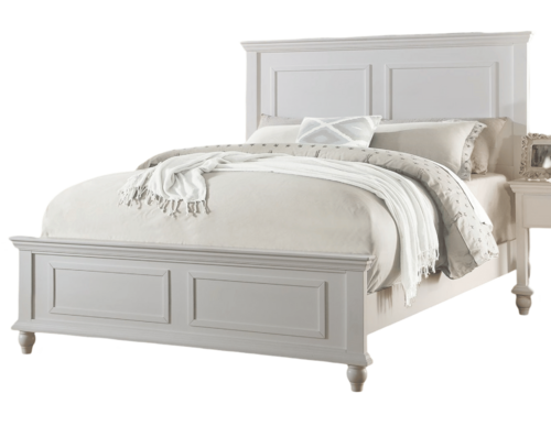 White queen-size bed with a high panel headboard and paneled footboard, dressed in cream bedding for a serene bedroom.