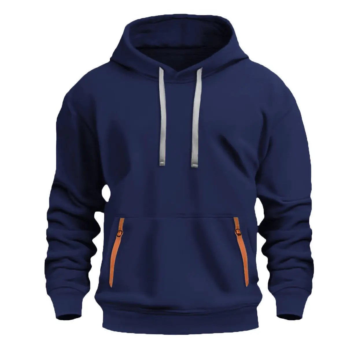New Fallwinter men's fleece-lined hoodie in navy with gray drawstrings and orange zippered pockets