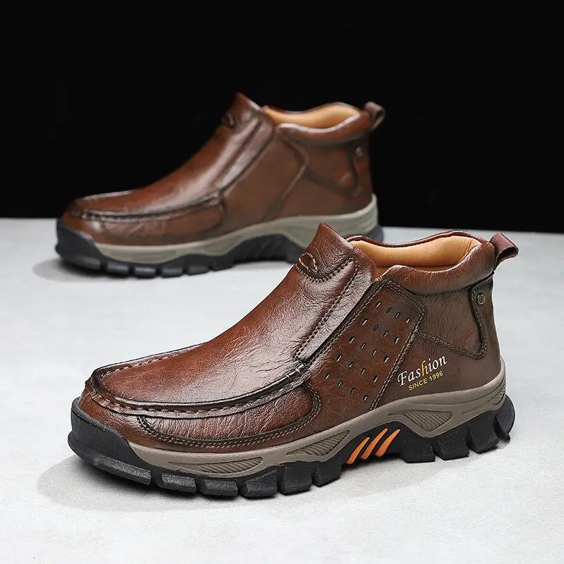 Mens Casual Metal Ankle Boots, brown leather with rugged rubber sole, pair of boots shown