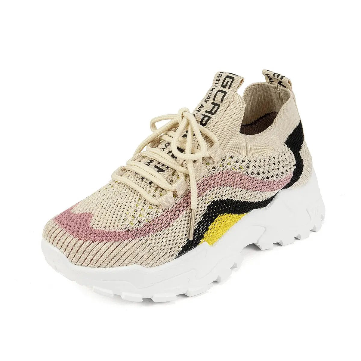 AdTec women's knit sneakers with beige upper and chunky white sole.
