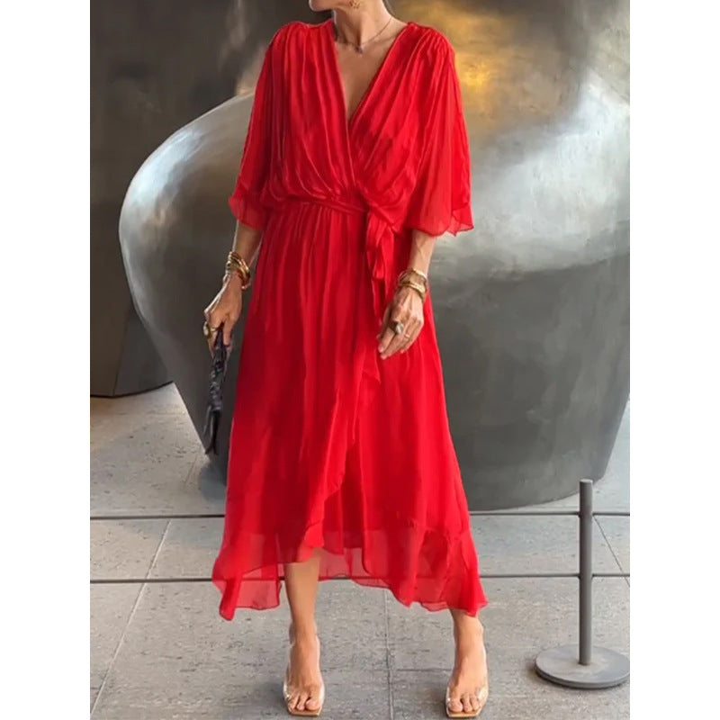 Vestido de verano con escote en V y manga murciélago de color liso con lazo irregular, vestidos largos para mujer
