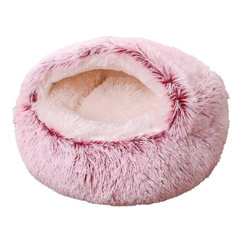 Deep Sleep Half-pack Semi-enclosed Dual-use Plush Round Pet Bed by AdTec, pink plush with cream interior donut-style