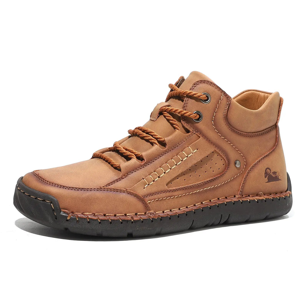 Mens high-top AdTec tan brown leather shoes with flat laces and rugged stitching