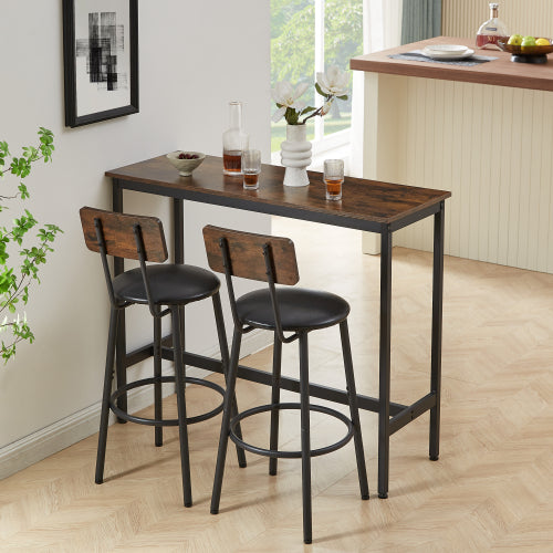 Ensemble table de bar avec 2 tabourets de bar, assise en PU souple avec dossier, marron rustique