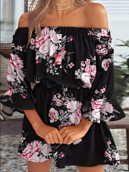 Vestido de Hombros Descubiertos con Estampado Gráfico de Hojas Estilo Boho, Sexy Vestido con Volantes y Espalda Descubierta para Primavera y Verano, Ropa de Mujer