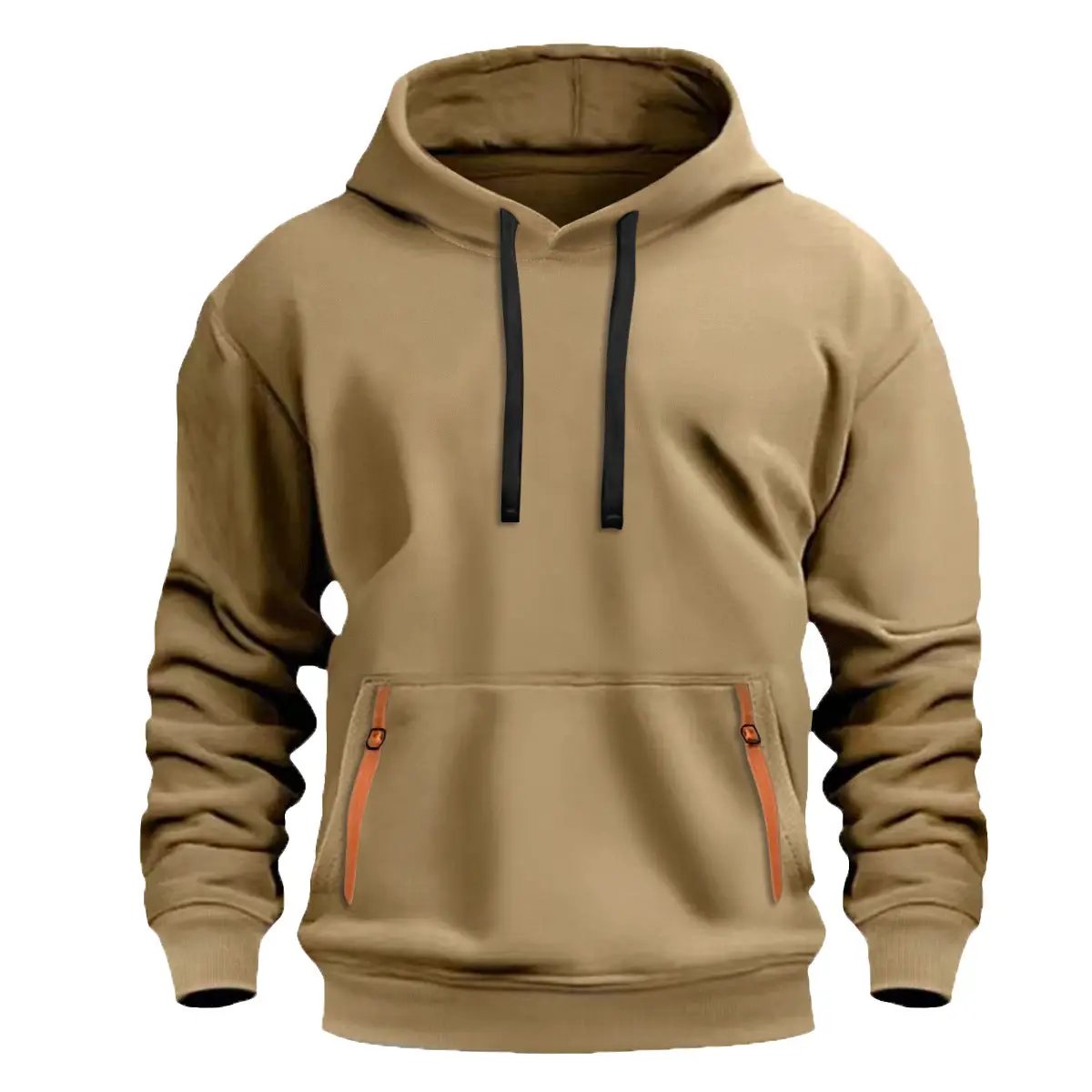 Men's fleece-lined hoodie in tan with black drawstrings and orange zipper pockets
