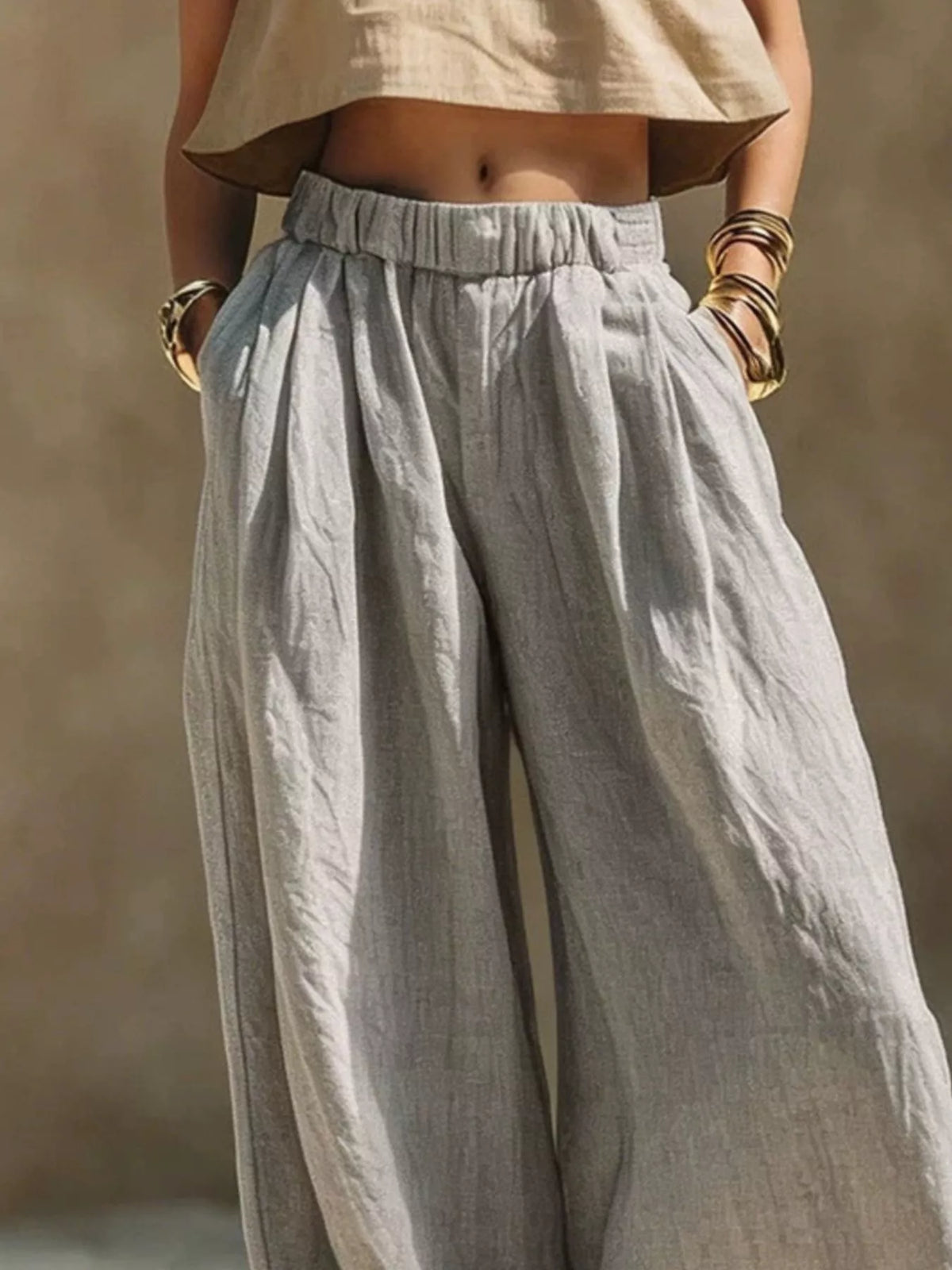 Full-size elastic waistband wide-leg palazzo pants in gray with pockets