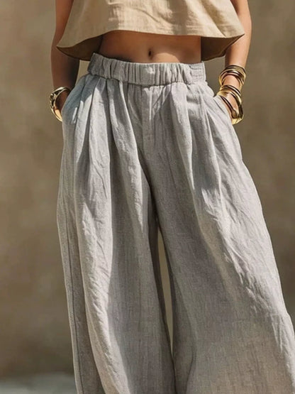 Full-size elastic waistband wide-leg palazzo pants in gray with pockets