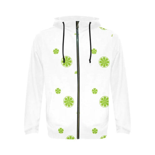 Mens all-over print full-zip hoodie, white with lime green citrus prints, Inkedjoy, black drawstrings, relaxed fit