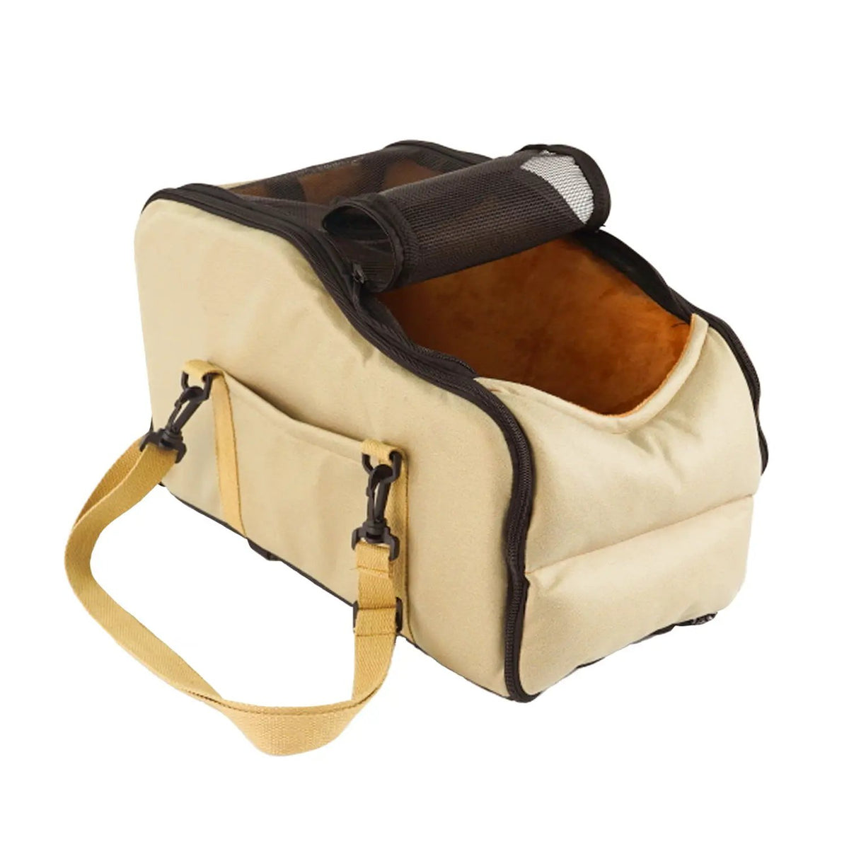 AdTec car kennel, removable and washable beige fabric carrier with tan strap and mesh top