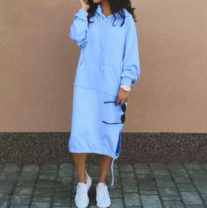 Sudadera larga casual con capucha, manga larga, bolsillo, cordón de ajuste, ropa de mujer