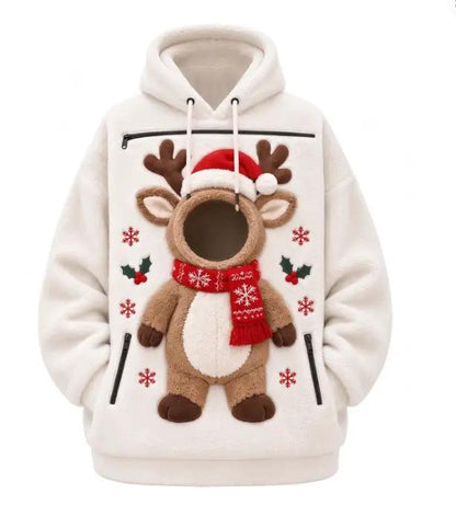 Pet Christmas 3D Printed Hooded Pullover Sweatshirt white fleece with 3D reindeer front applique, red scarf