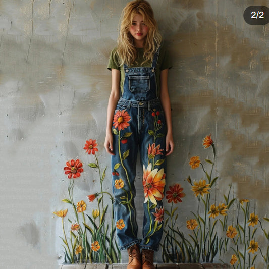 Combinaison en jean à imprimé floral vintage