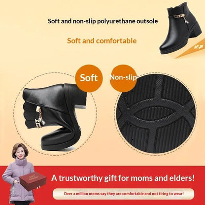 AdTec black leather ankle boots for middle-aged and elderly; warm short boots with anti-slip polyurethane outsole.