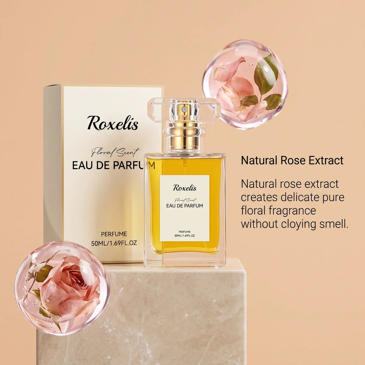Luxury womens perfume by AdTec; Roxelis Floral Scent bottle, clear glass with gold spray, 50 ml