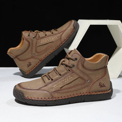 AdTec mens brown leather high-top shoes; breathable, flat-laced pair with black sole (2 shown)