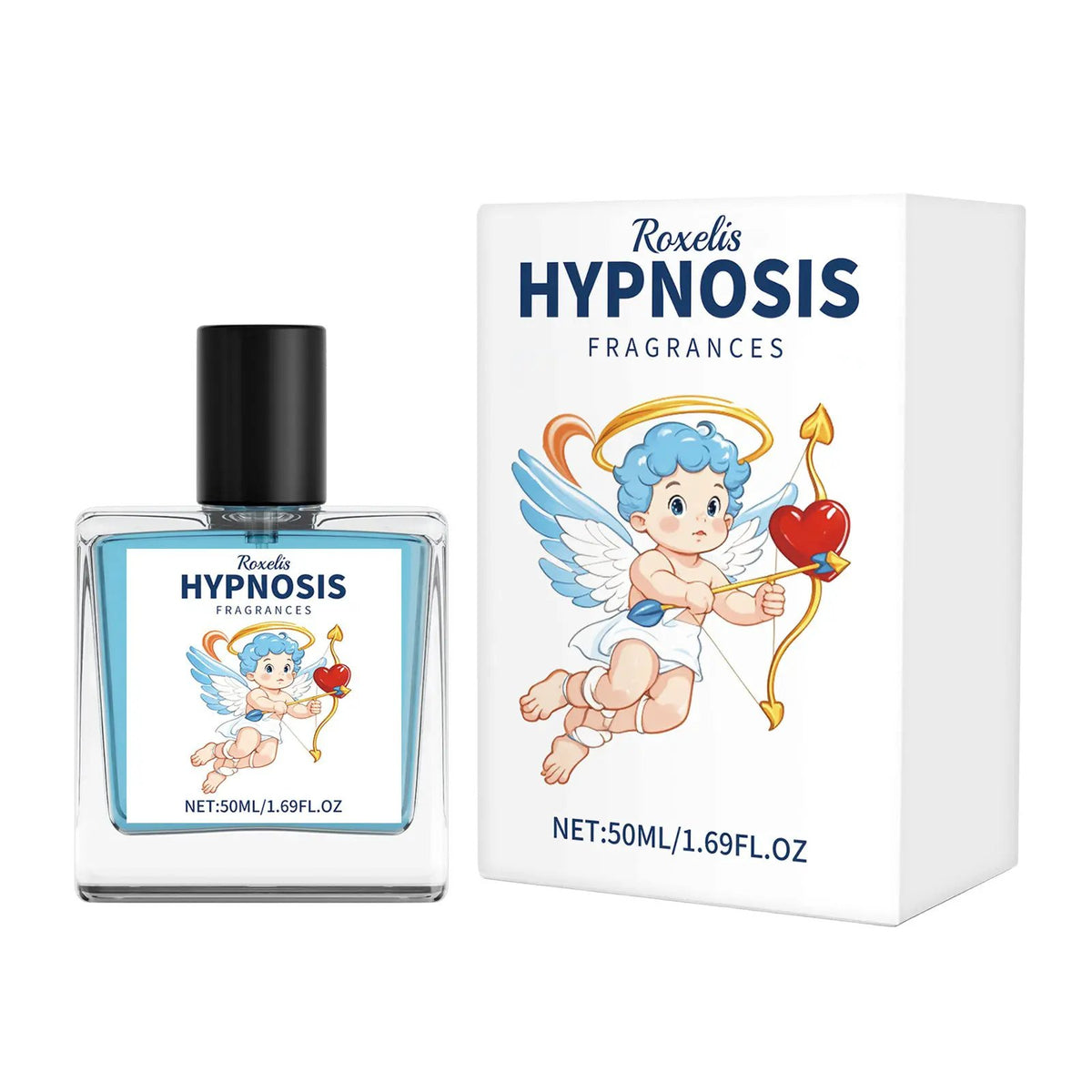 Mens pheromone perfume bottle with blue liquid and black cap beside Roxelis Hypnosis box featuring Cupid artwork