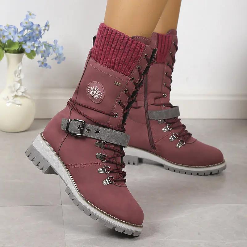 AdTec fur-integrated burgundy knee-high snow boots with knit cuff, side zipper, lace-up front, and buckle strap.