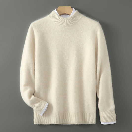Men's cream knit sweater with ribbed cuffs and hem, layered over a white shirt.