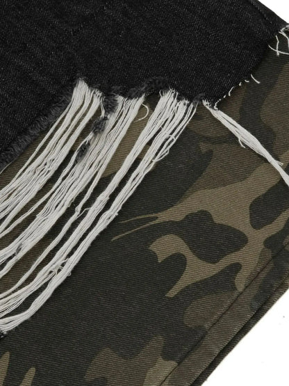 Mens distressed cotton denim Bermuda shorts with camo trim and white fringe by Trendsi