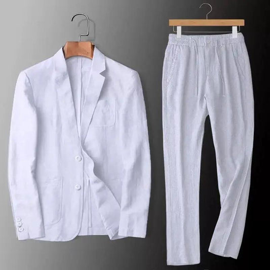 Men's slim-fit pure linen 2-piece suit set; white blazer and matching pants.