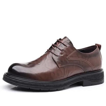 Men's brown genuine leather dress shoes with lace-up front and thick sole