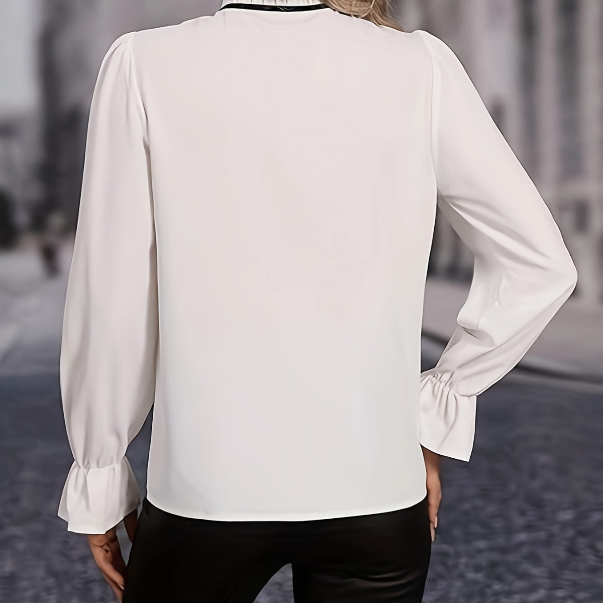 Camisa de manga larga con volantes, ribete liso y lazada para mujer