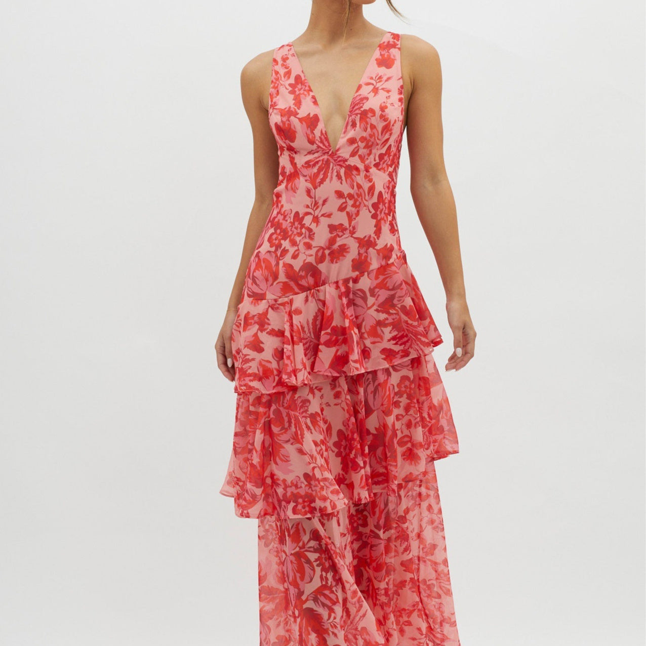 Vestido de mujer con estampado floral, tirantes finos, espalda descubierta y cuello en V de múltiples capas